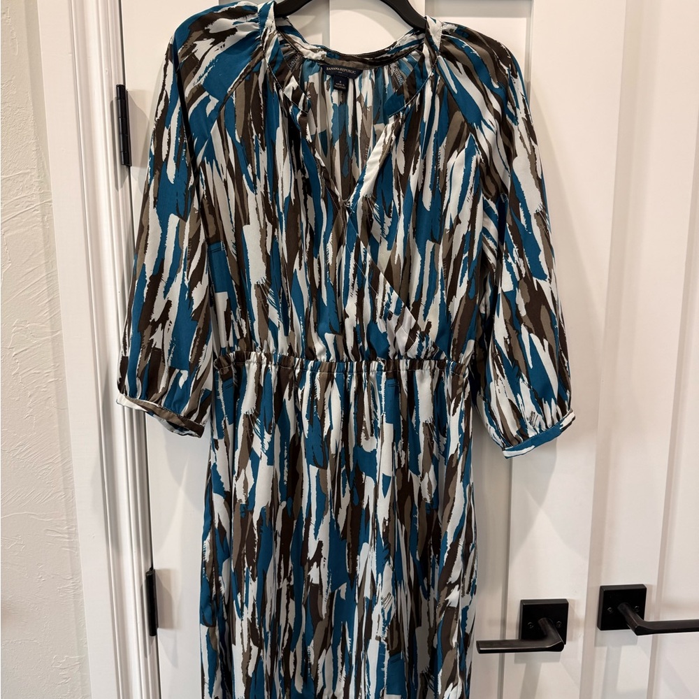 Banana Republic Teal, Brown & White Printed Long-Sleeve Midi Dress